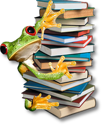 treefrog climbing on a pile of books